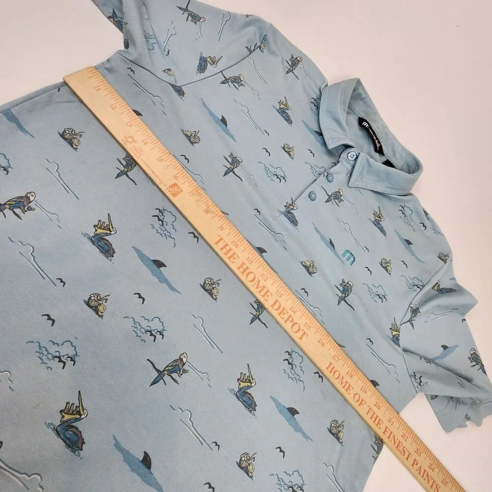 TravisMathew Golf Polo Shirt Men's Large Pelican Print Light Blue Pima Cotton - Picture 4 of 8